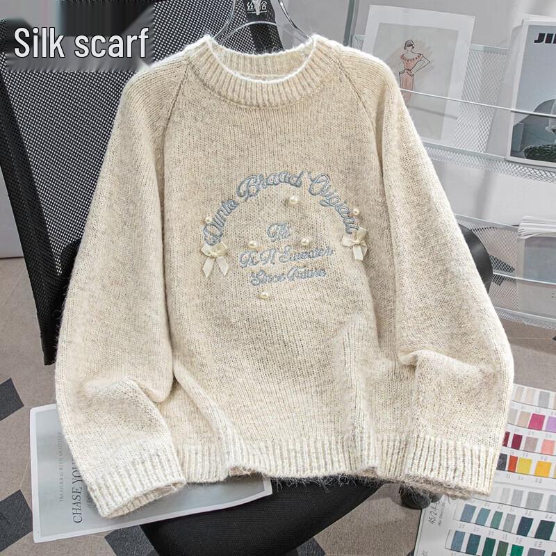 Women s Embroidered Bow Round Neck Beaded Knit Sweater One Size