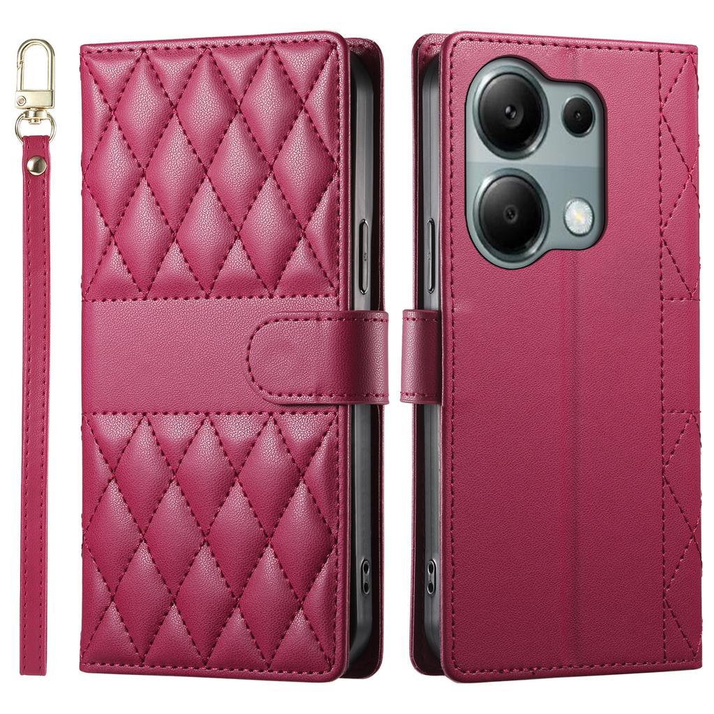 Etui dla Xiaomi Redmi Note 13 Pro 4G/Poco M6 Pro 4G, Pikowanie w romby, Portfel ze stojakiem, Skórzany pokrowiec na telefon z długim/krótkim paskiem
