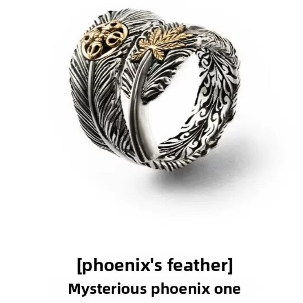 Vintage Style Adjustable Open Ring with Phoenix Feather Leaf Design Handmade Silver Jewelry Adjustable