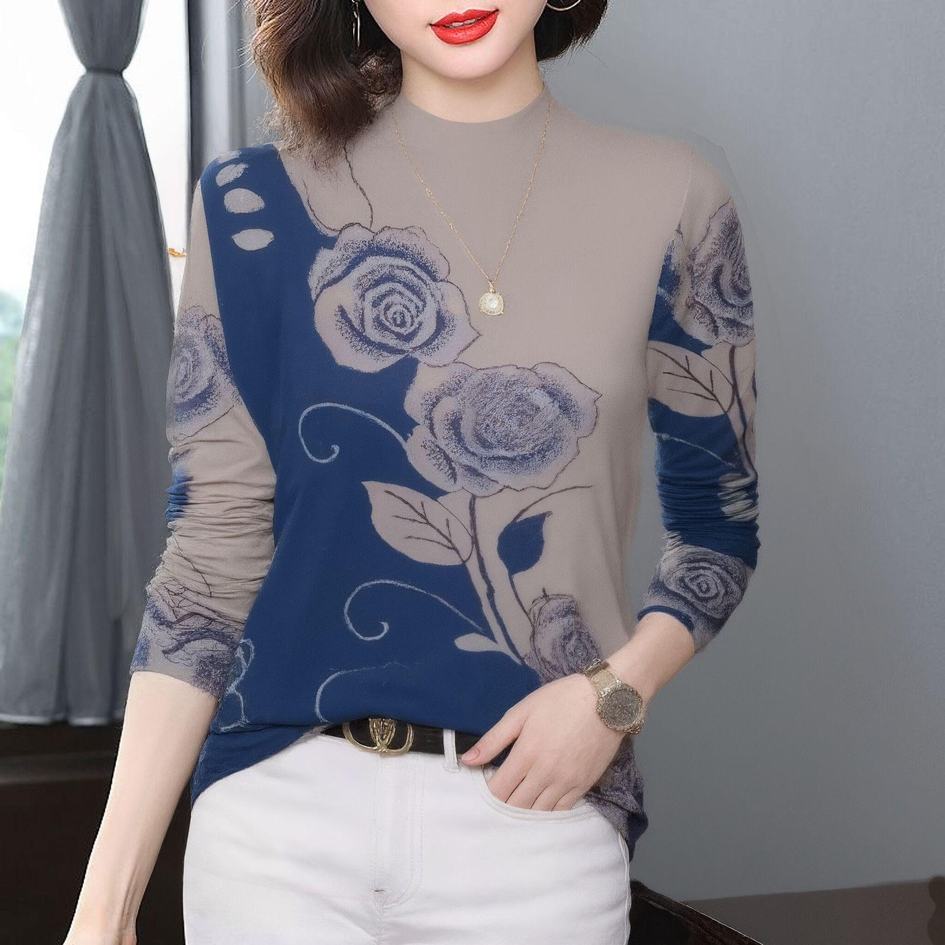 

Trendy Half-High Collar Floral Print Long Sleeve Base Layer Top for Women, Slimming, and Youthful for Middle-Aged Moms. Double Extra Large