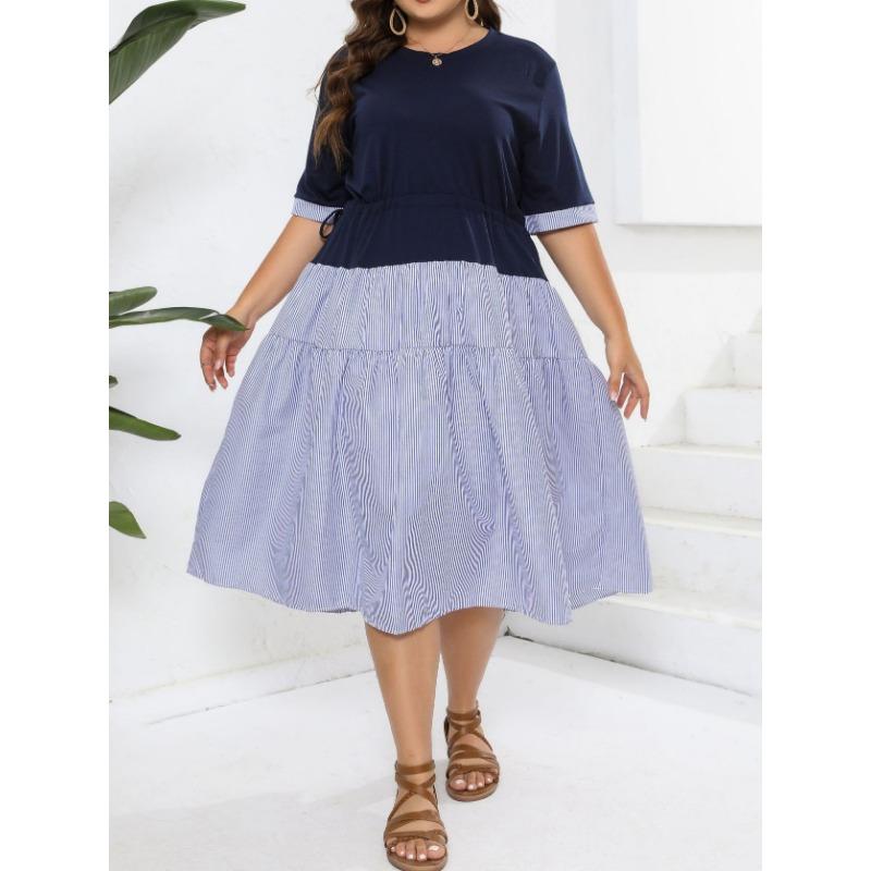 

Women s Summer Crew-neck Knitted Patchwork Striped Short Sleeve Fake Two Swing Dress 5XL синий