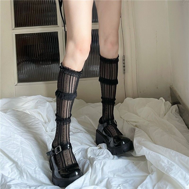 

Аниме-образ Гольфы до колена JK | Белые трехслойные кружевные гольфы до икры - Тонкие гольфы с оборками в стиле Лолита для женщин One Size