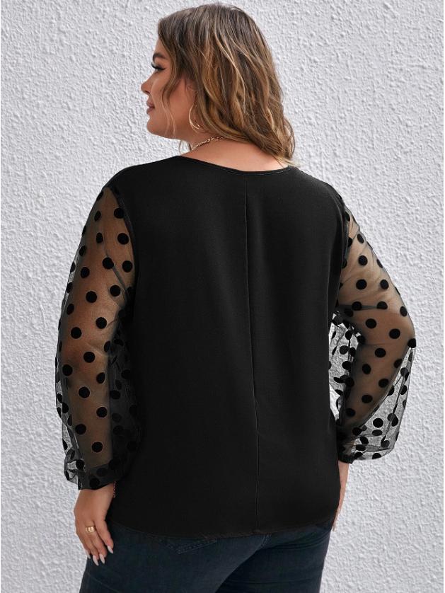 Plus Size Women's Mesh Patchwork Long Sleeve Solid Color Shirt