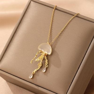 Frosted Crystal Deep Sea Jellyfish Pendant Necklace - 2024 Pure Copper Design, Japanese Korean Minimalist Style for Women