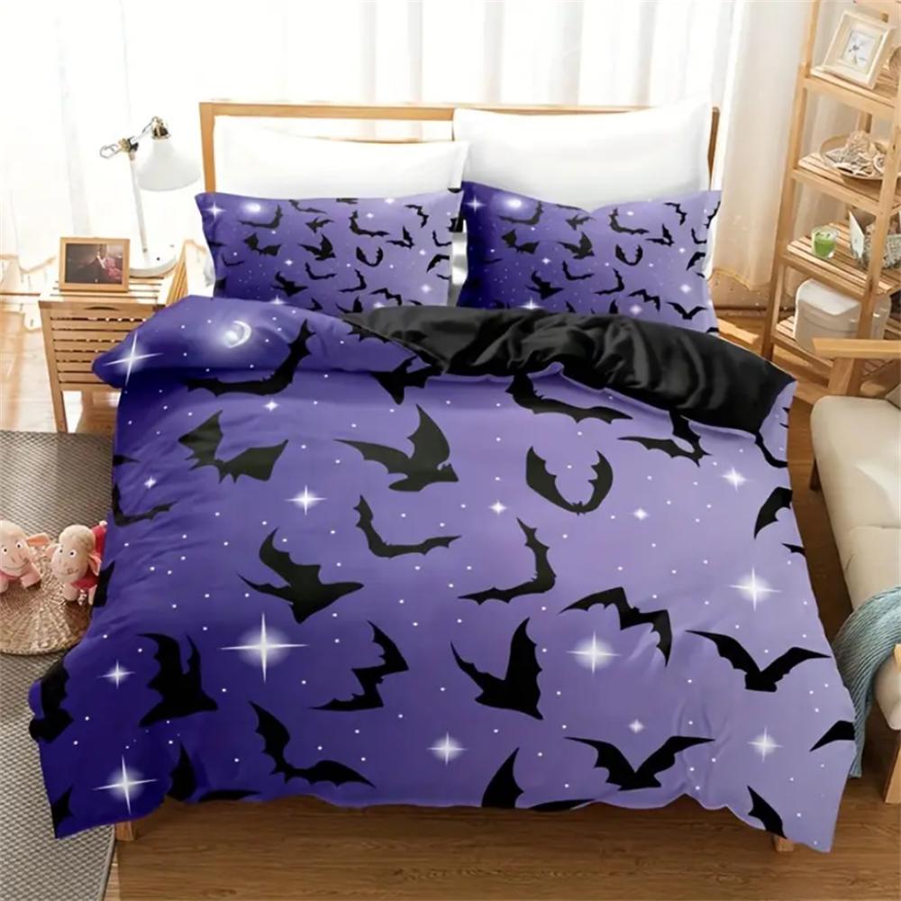 Soft & Breathable Halloween Bat Theme 3-Piece Duvet Set - All-Season Comfort with Easy Zipper Closure and Durable Woven Fabric