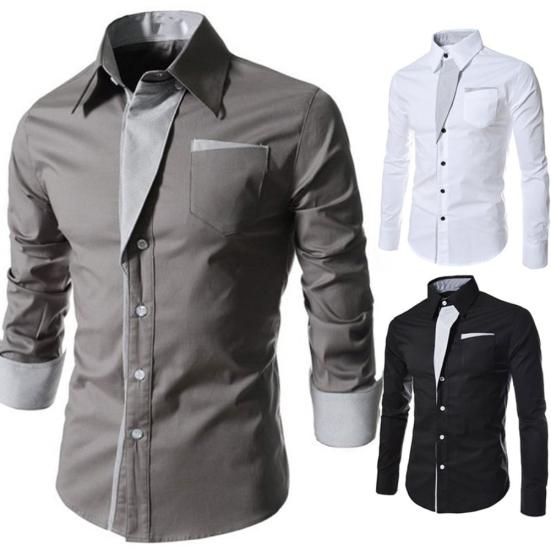 Fashion Men Stand Collar Long Sleeve Color Block Button Up Shirt Slim Fit Top