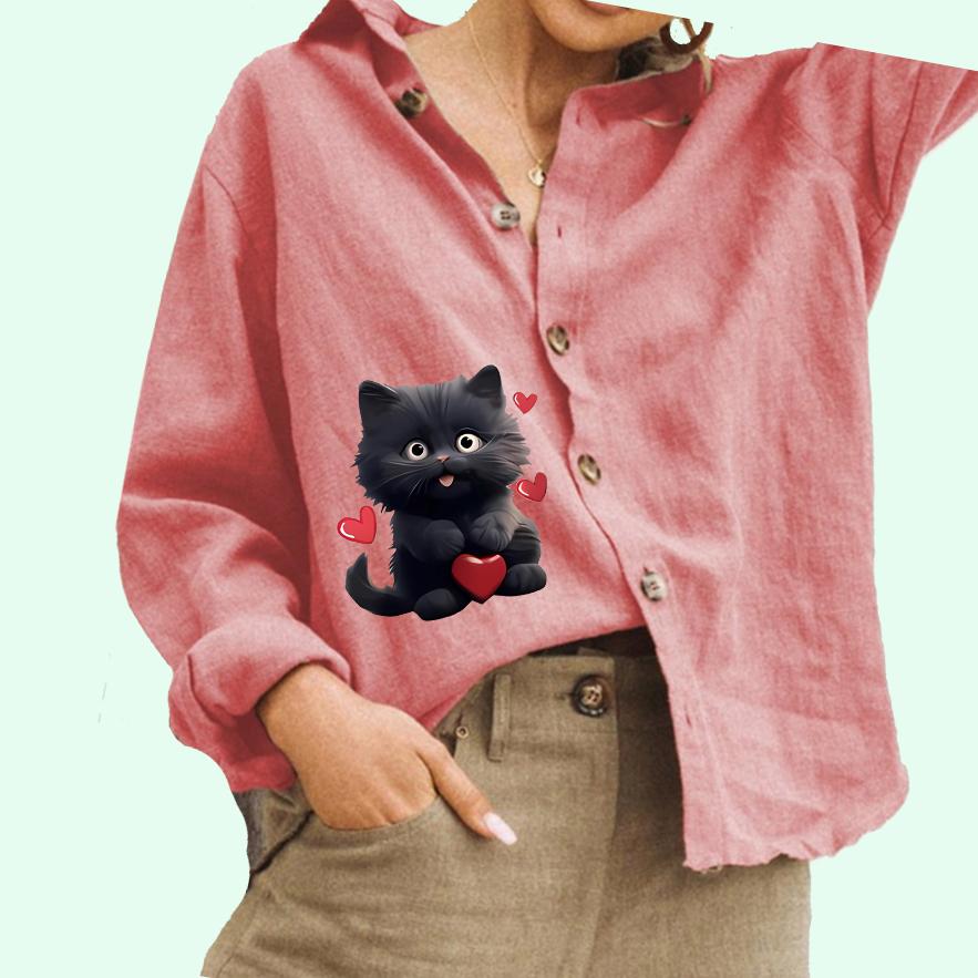 

Женская мода с принтом кота, повседневная рубашка из хлопка и льна, женская блузка на пуговицах 2XL розовый