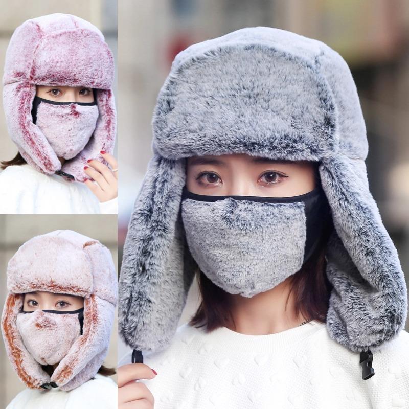 New women's warm two-piece set with mask, piled and thickened in winter, windproof and cold-proof imitation rabbit fur high-quality version