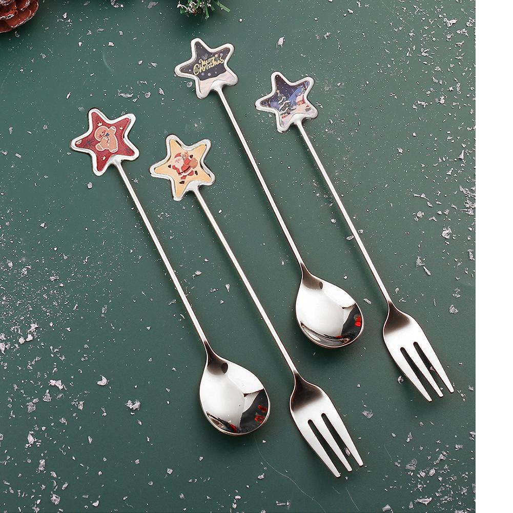Christmas Cutlery Set: Reindeer and Star Stirring Spoons, Fruit Fork, Colorful Gingerbread Spoon