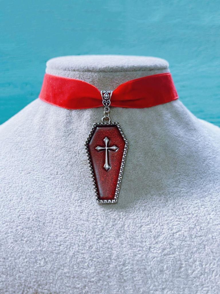 Gothic Silver Color Death Cross Red Dripping Glaze Coffin Pendant Velvet Necklace for Women Men Hallowmas Retro Fashion Jewelry