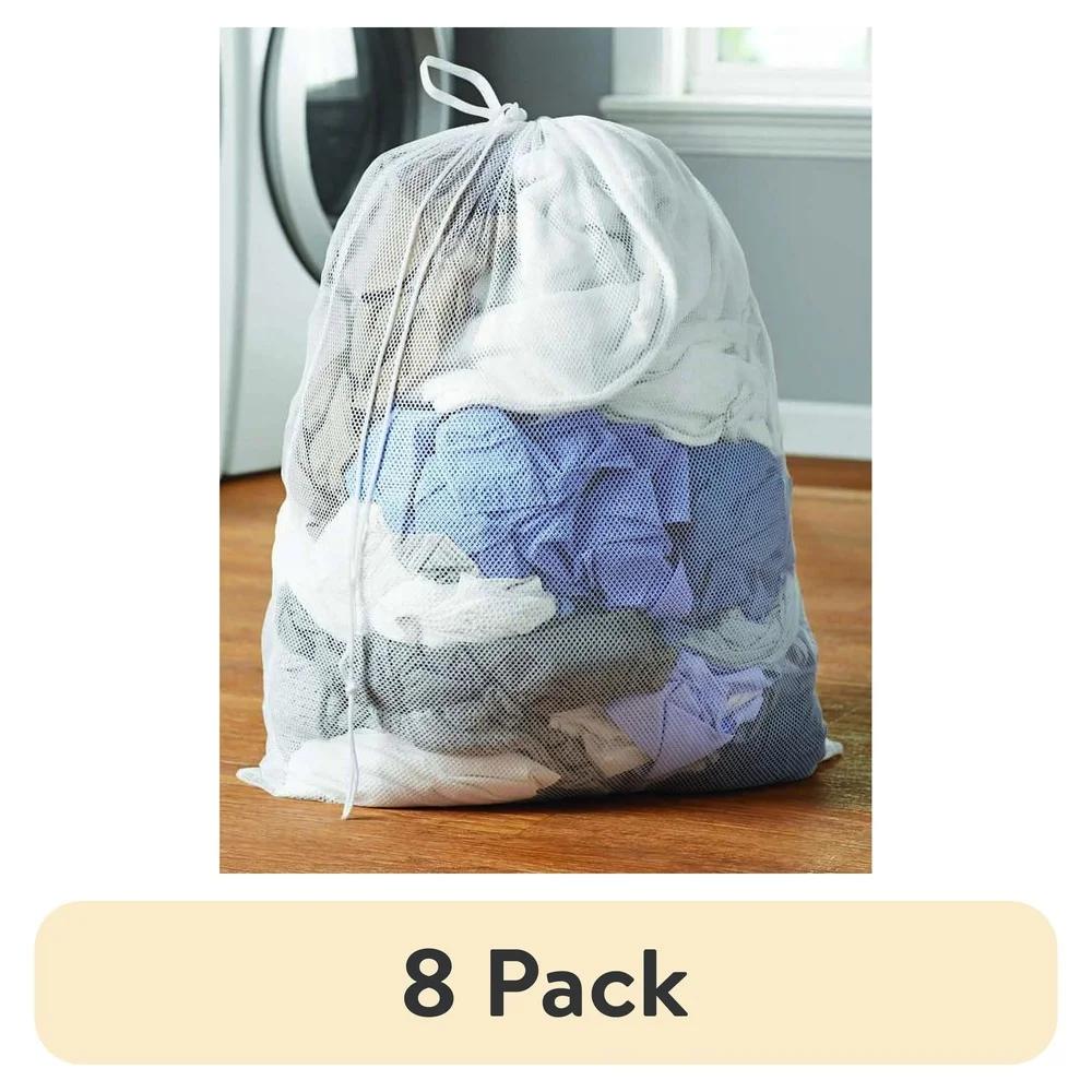 8 Pack White Polyester Mesh Laundry Bags with Drawstring Closure Durable Washable Laundry Tote Sorting Transporting Storage