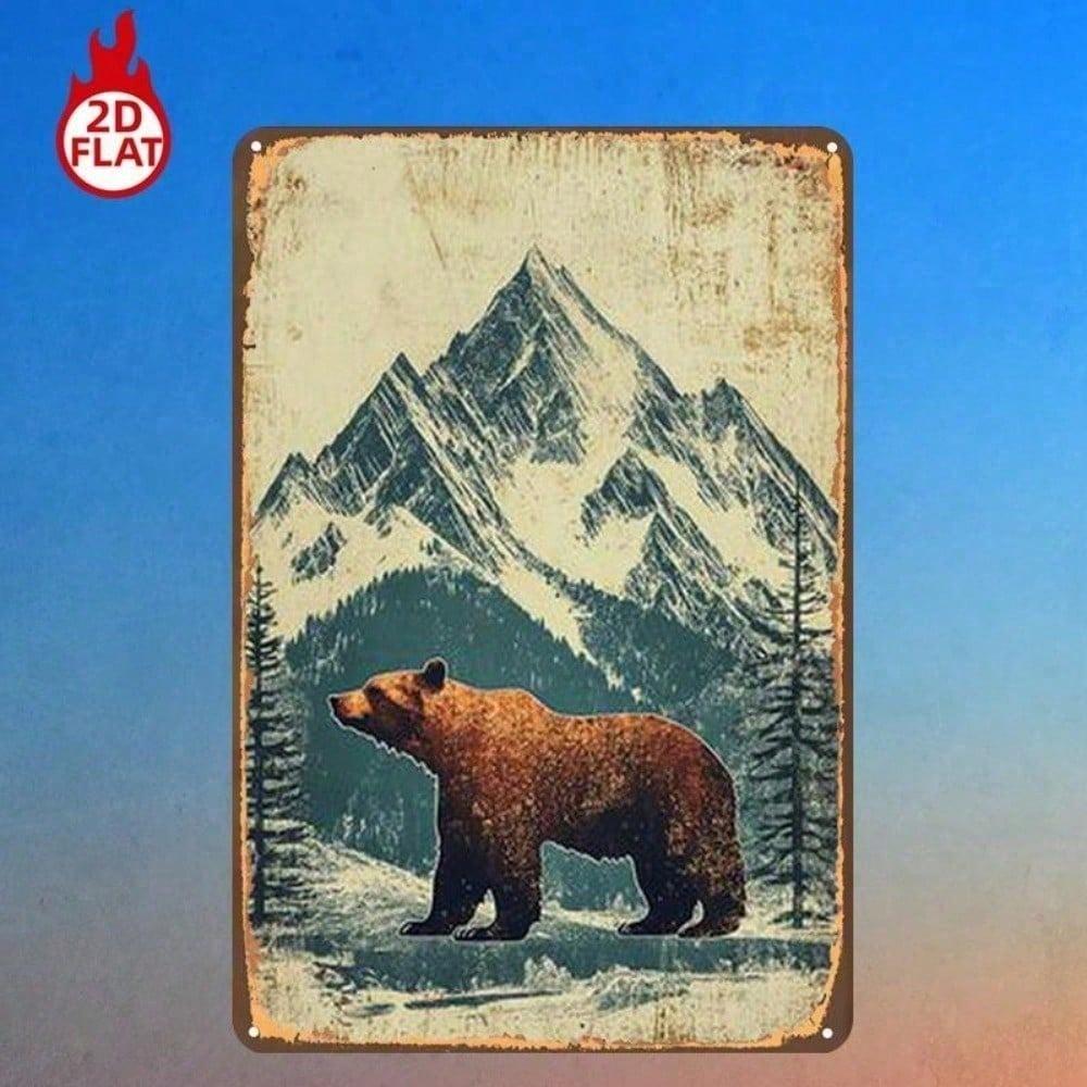 1pc Majestic Bear Snowy Mountains Metal Sign 8x12 Vintage Rustic Tin Wall Art 2D Flat Iron Painting for Home Decor