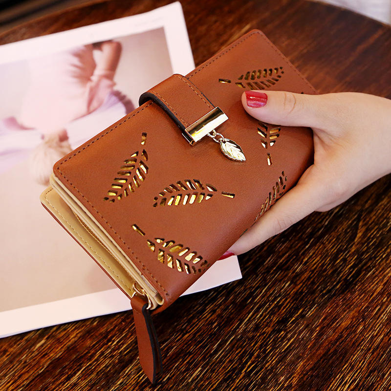 Women's Wallet PU Hollow Leaf Zipper Long Handbag  Fashion Multifunctional  Money Bag Coin Purse