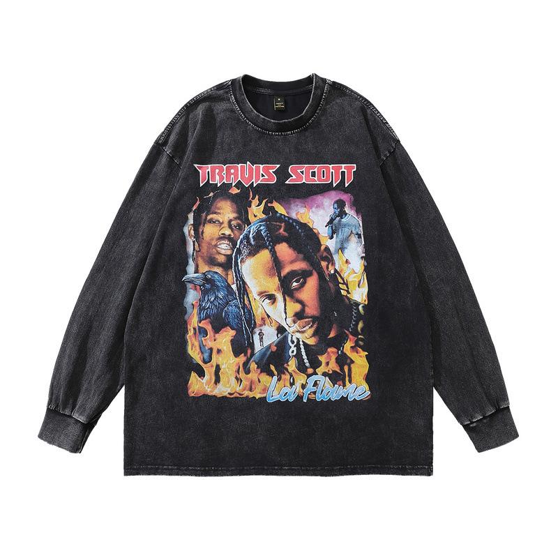 Hip Hop Rap Portrait Print Long Sleeve T-Shirt Autumn Retro Fried Color Men'S Crew Neck Sweater