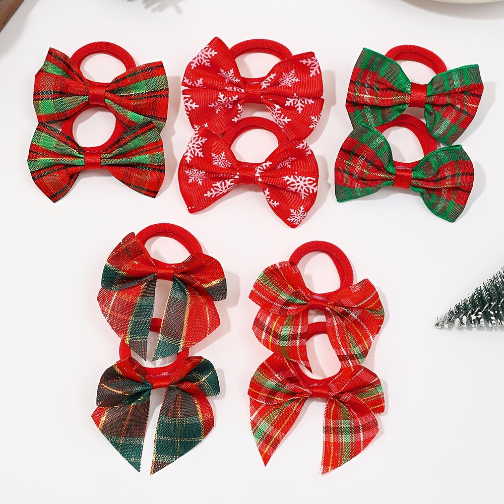 10pcs Christmas Bow Hair Ties - Festive Plaid, Snowflake & Striped Designs, Soft Polyester Hair Accessories for Holiday Parties,