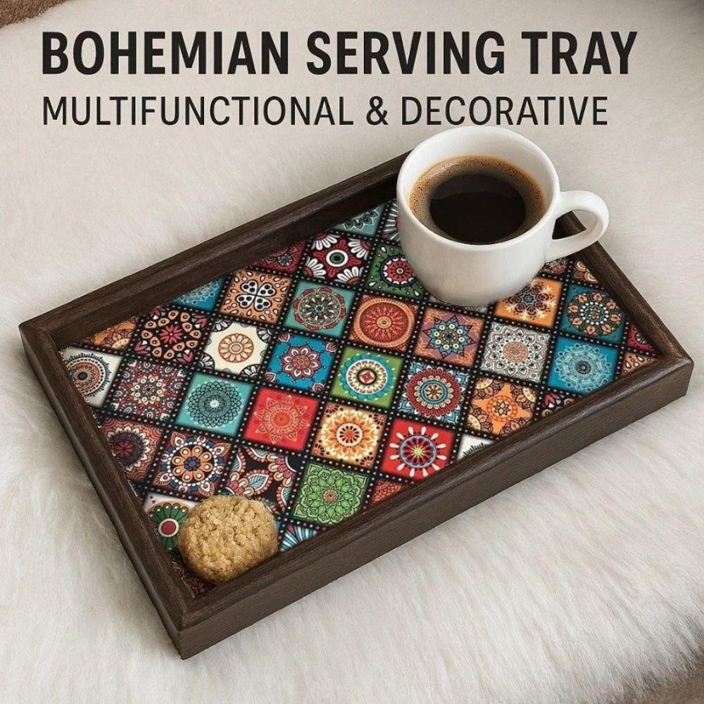 Bohemian Style Wooden Tray 30x20cm Handmade Snack Tray Square Jewelry Storage Tray for Desktop Foyer Decoration Home Storage