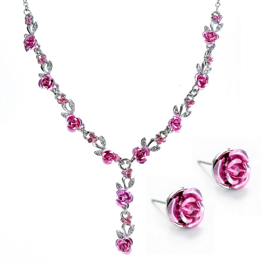 Elegant Pink Rose Flower Wedding Collection Jewelry Set for Women Romantic Florals Necklace Stud Earrings Combination Jewelry