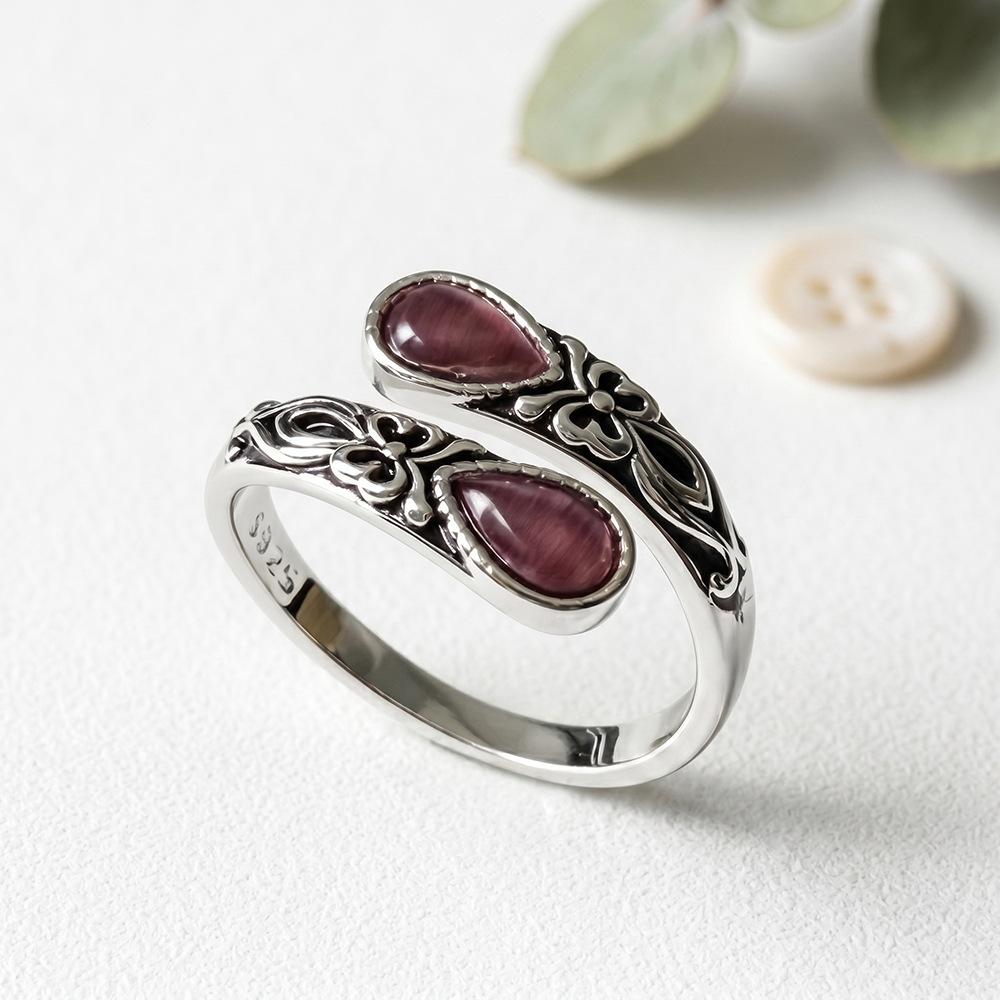 European and American Moonstone Pear-shaped Ring Female Victorian Retro Relief Bow Bosnian Style Ring