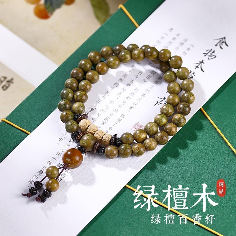 Natural Passion Seed Green Sandalwood Bracelet, Wooden Cultural and Play Ethnic Style Female Buddha Bead Sandalwood Bracelet.