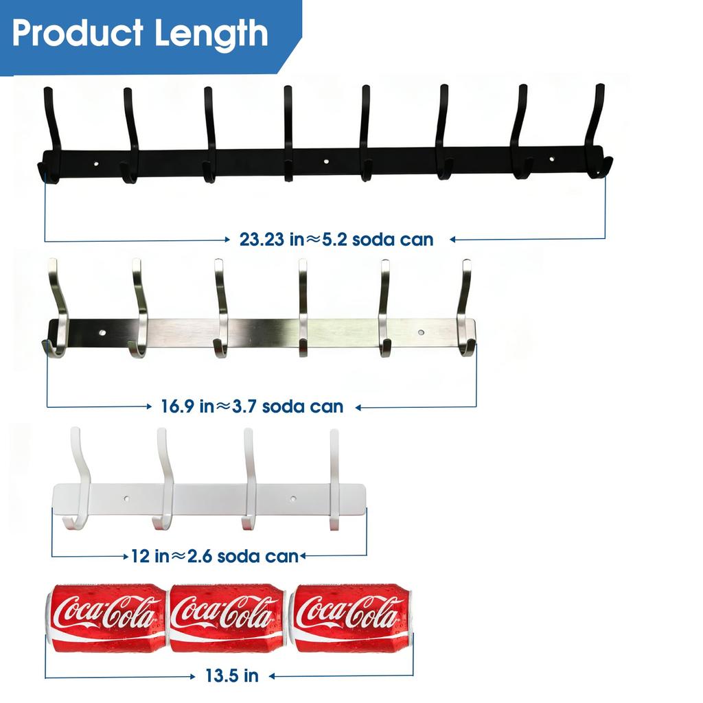 22 inch stainless steel 8 hook hanger black foyer bathroom wall mounted coat and hat Hook 2 pieces