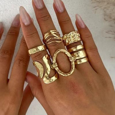 Ingemark 6Pcs/Set Bohemia Gold Color Irregular Geometric Open Rings For Women Vintage Creative Adjustable Ring Charm Jewelry