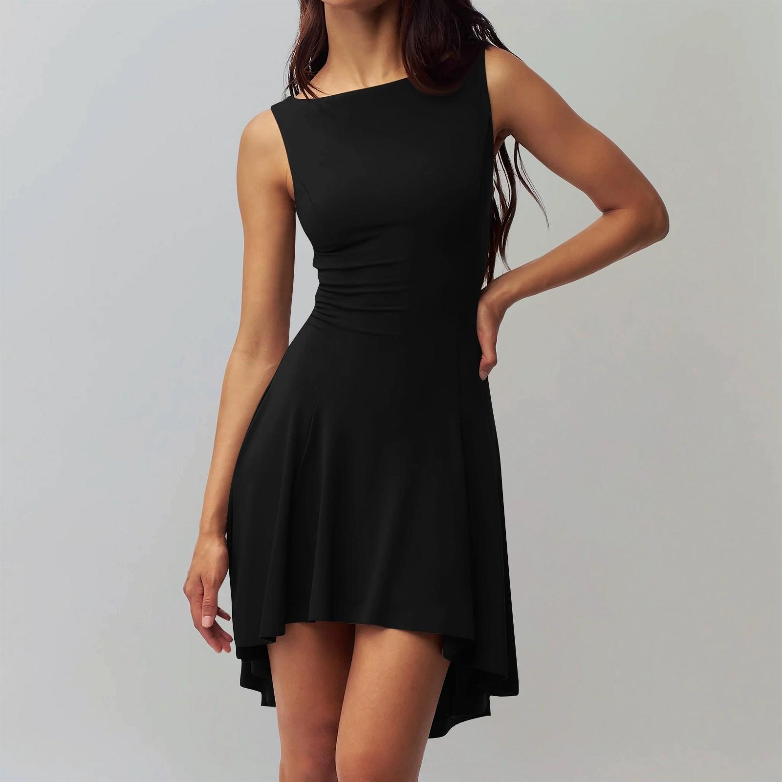 Women s Fashion Color Sleeveless Sexy Spicy Girl Round Neck Waist Slimming Dress S