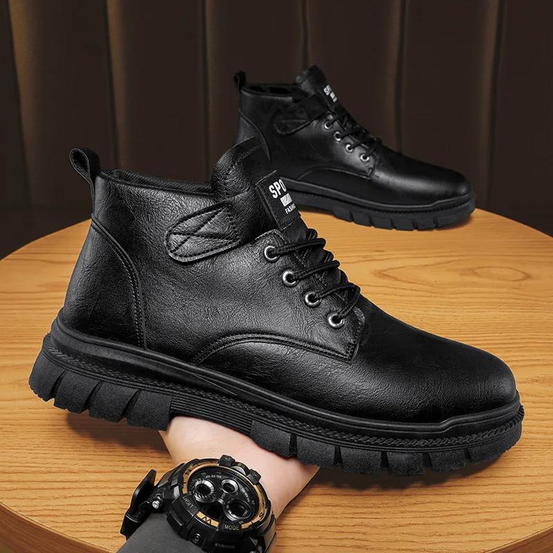 

Мода 2024 осень зима новые мужские туфли защитные кожаные ботинки универсальные повседневные кроссовки теплые мягкие ботильоны на мягкой подошве Zapatillas De Hombre 39 чёрный