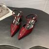 Spring 2025 Fashion Pointed Toe T-Strap Wedge Sandals Women's Shoes Slip-On Regenerated Leather Upper Comfortable Heel Design