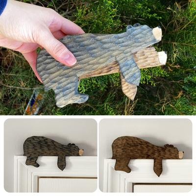 Brown Wooden Bear Door Topper Rustic Bear Shape Door Corner Frame Sign Handcrafted Sleeping Bear Statue for Home Office Bedroom Nursery Decor