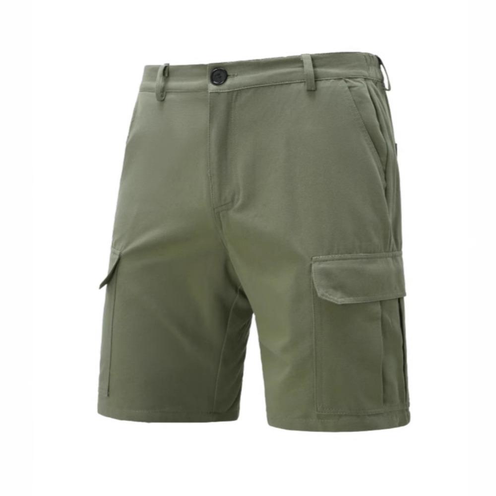 2025 Novos shorts masculinos casuais para praia ao ar livre com vários bolsos, moda cor sólida, shorts de praia para férias masculinos
