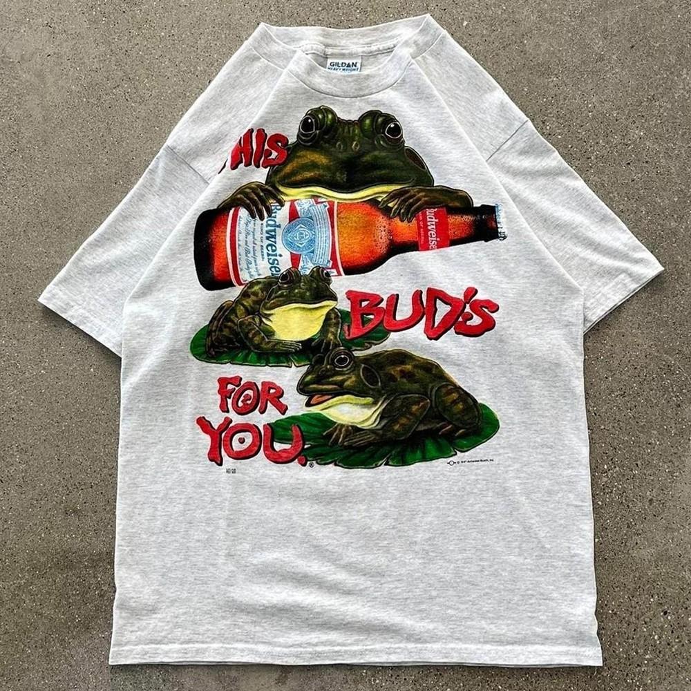 Retro Vintage 90s THIS BUD#039;S FOR YOU Beer Frogs Graphic Reprint Unisex Tee S5XL Unisex T-Shirt S