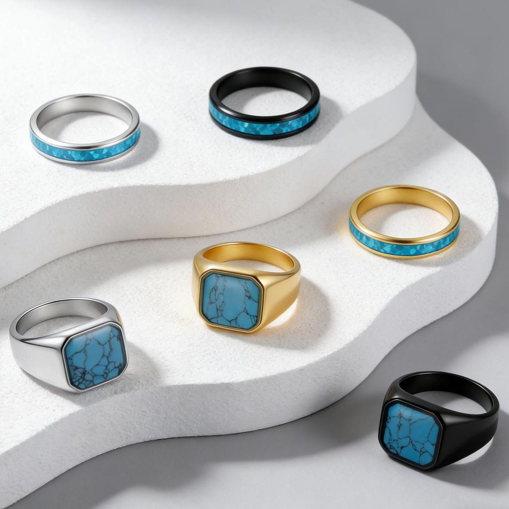 Cross-Border Stainless Steel Couple Wedding Rings with Turquoise, Opal & Seal Designs