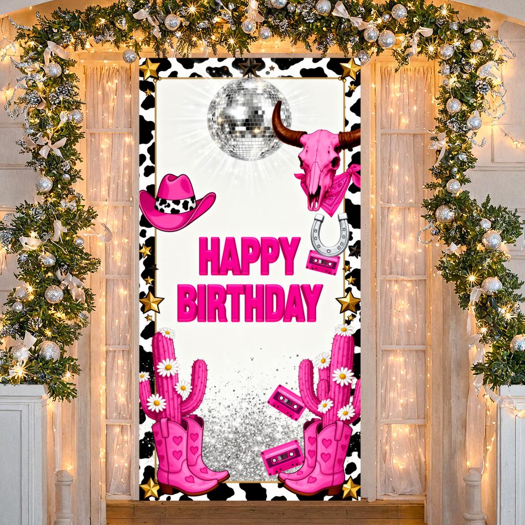 Disco Birthday Background Pink Cow Skull Birthday Display Banner Glitter Design Birthday Door Cover For Cowgirl Themed