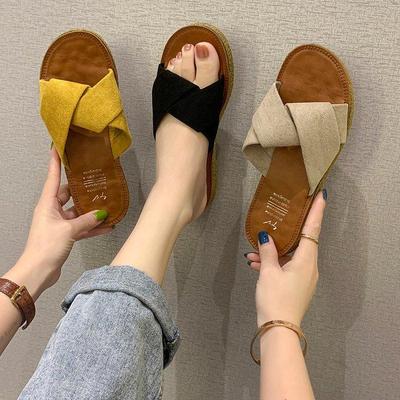 Women's Summer 2025 Suede Cross-Strap Flat Slippers for Outdoor Wear