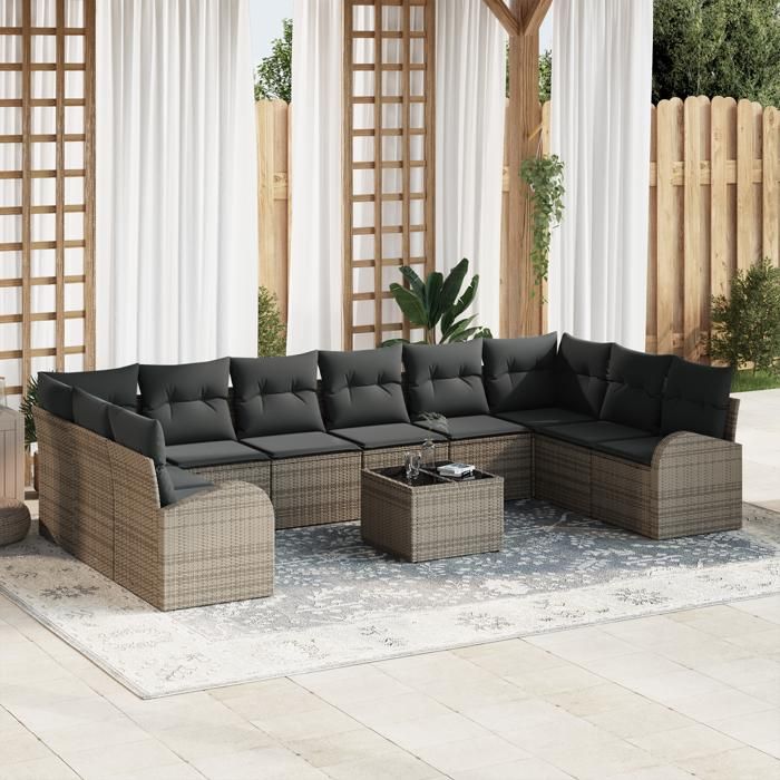 VidaXL Ensemble de canapés de jardin 10 pièces avec coussins noir en rotin synthétique 3346229
