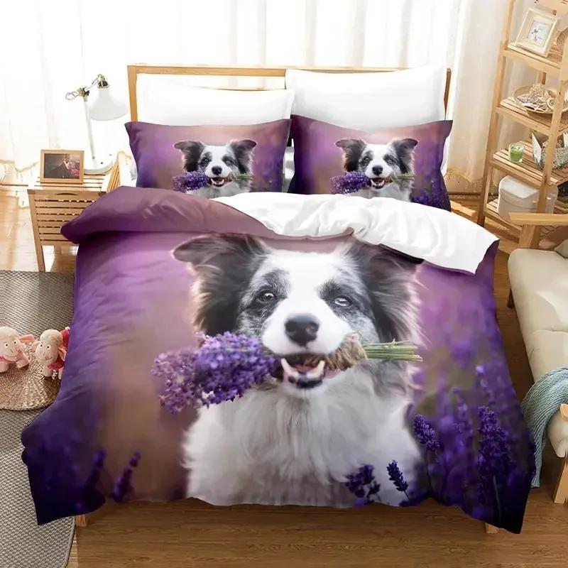 Purple Bedding Set Violets Dog Duvet Cover Quilt Cover 3D Lavender Butterfly Double For Full King Queen Twin Single Size