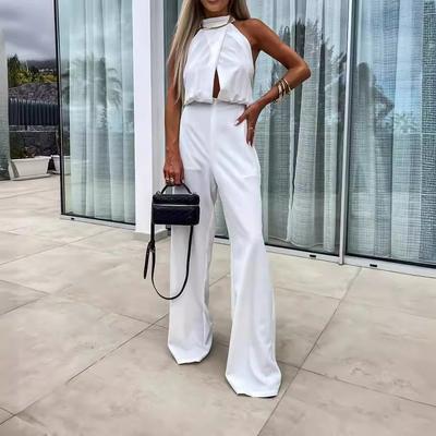 Dámský overal s halter krkem a širokými nohavicemi, bez rukávů, s klíčovou dírkou vpředu, vysokým pasem, elegantní letní party outfit