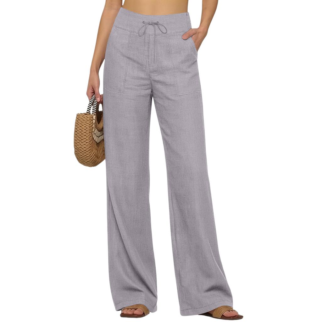 Women’s Wide Leg Linen Pants with Drawstring Waistband Loose Fit Casual Trousers with Pockets for Everyday Wear