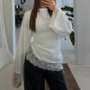 Satin Lace Patchwork Long Shirt Round Neck Slim Belted Blouse Women's Lace-up Tops  Office Ladies