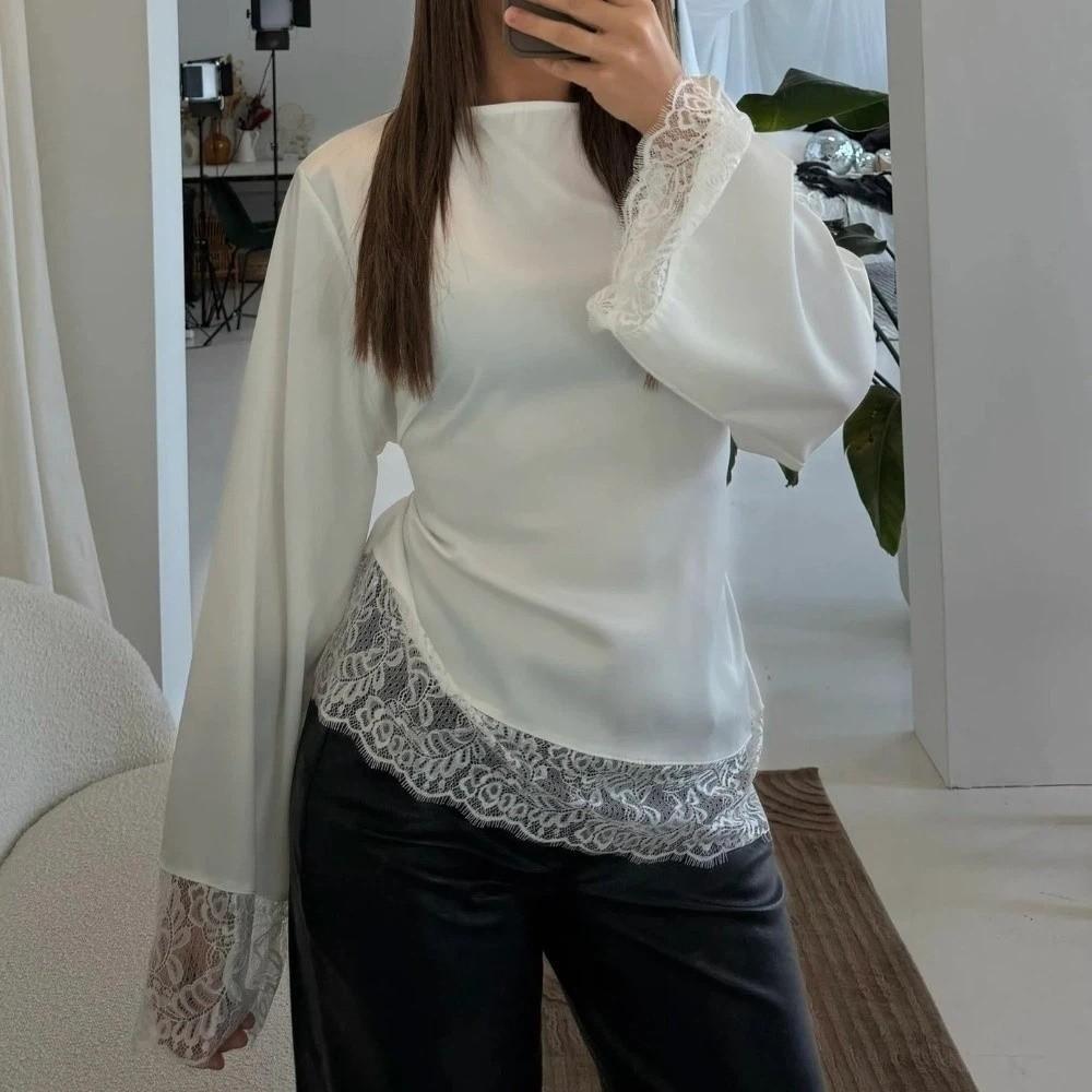 Satin Lace Patchwork Long Shirt Round Neck Slim Belted Blouse Women's Lace-up Tops  Office Ladies