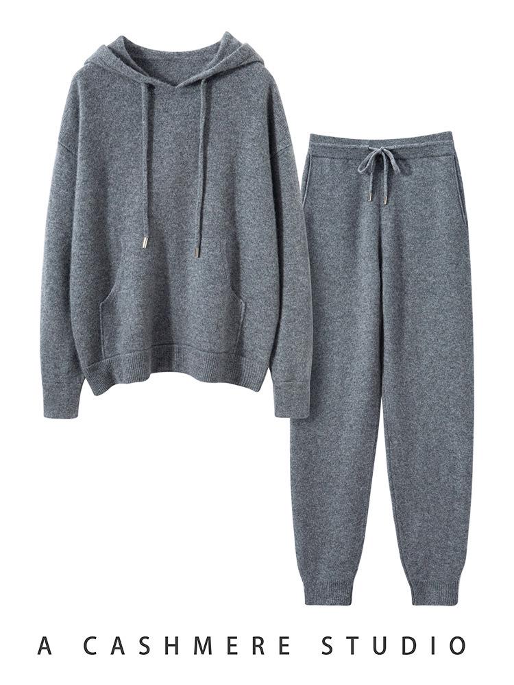 Women's Loose Fit Hooded Cashmere Sweater Set - 2026 Autumn/Winter Solid Color Gentle Style Base Layer.