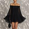 Independence War French Atmosphere Off-the-shoulder Lotus Leaf Sleeves Pleated One-word Shoulder Chiffon Sexy Dress