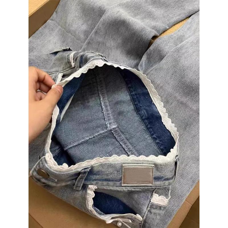 Retro Lace Lace Design Jeans for Women with High Waist and Slimness, Loose Straight Wide-leg Trousers
