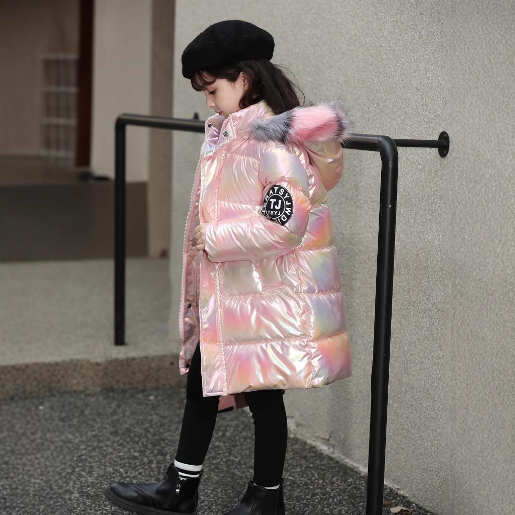 Girls' winter cotton-padded clothes, thickened cotton-padded warm colorful hooded down cotton-padded clothes, children's leave-in long cold-proof 