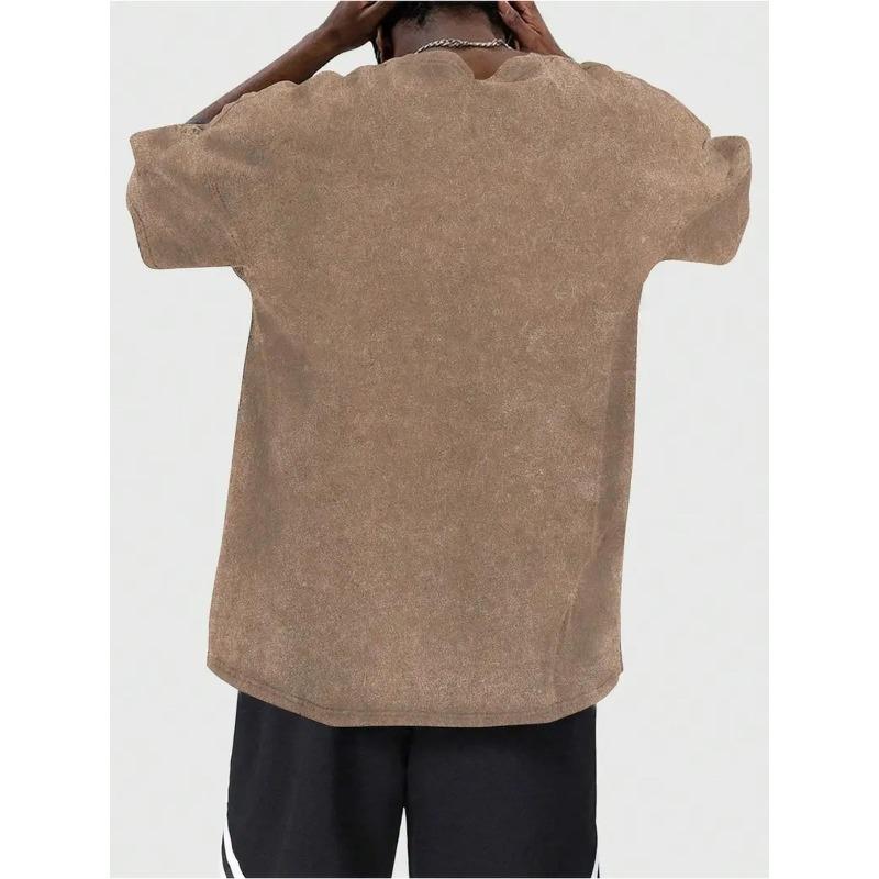 Men's Washed Solid Color T-shirt with Printed Patterns - Loose and Trendy Oversized Version, Retro and Vintage Style, Versatile and Casual