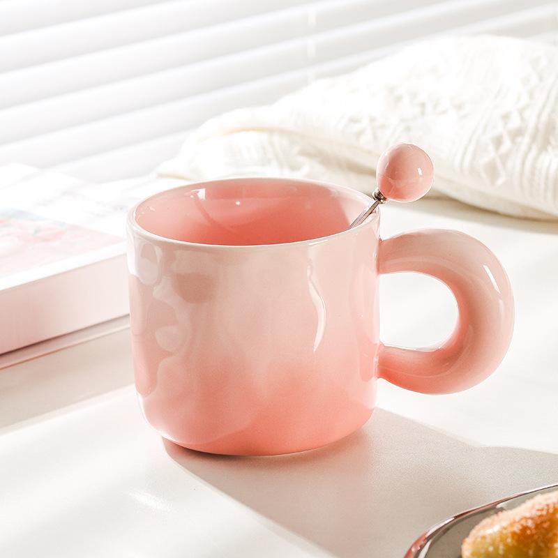 High Value Gradient Ceramic Cup Niche Design Sense Mug with Lid Spoon for Girls Coffee Cup Couple Drinking Water Cup