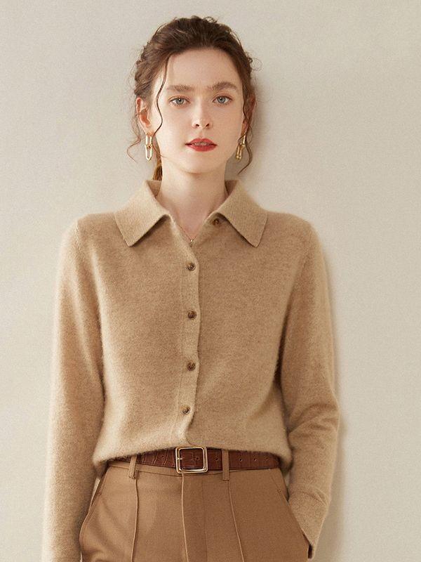 Women's Elegant Cashmere Knit Polo Cardigan - Slimming Autumn/Winter Base Layer