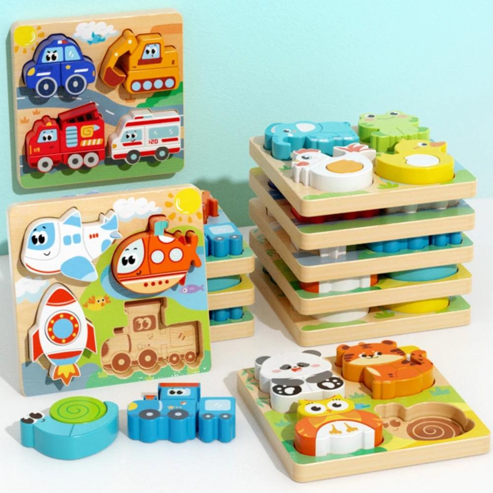 4-In-1 Wooden Toys 3D Wood Puzzle Cartoon Animals Cognitive Jigsaw Puzzle Early Learning Educational Toys for Children Gift