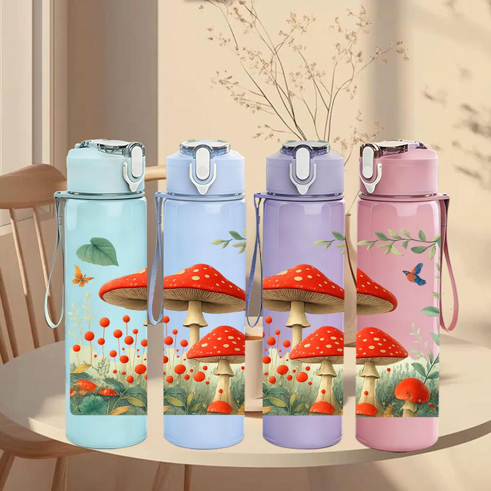 1PC Red Mushroom Forest Scene 750ml Color Plastic Sports Water Bottle Leakproof Flip Straw Lid For Sports Office Home Use