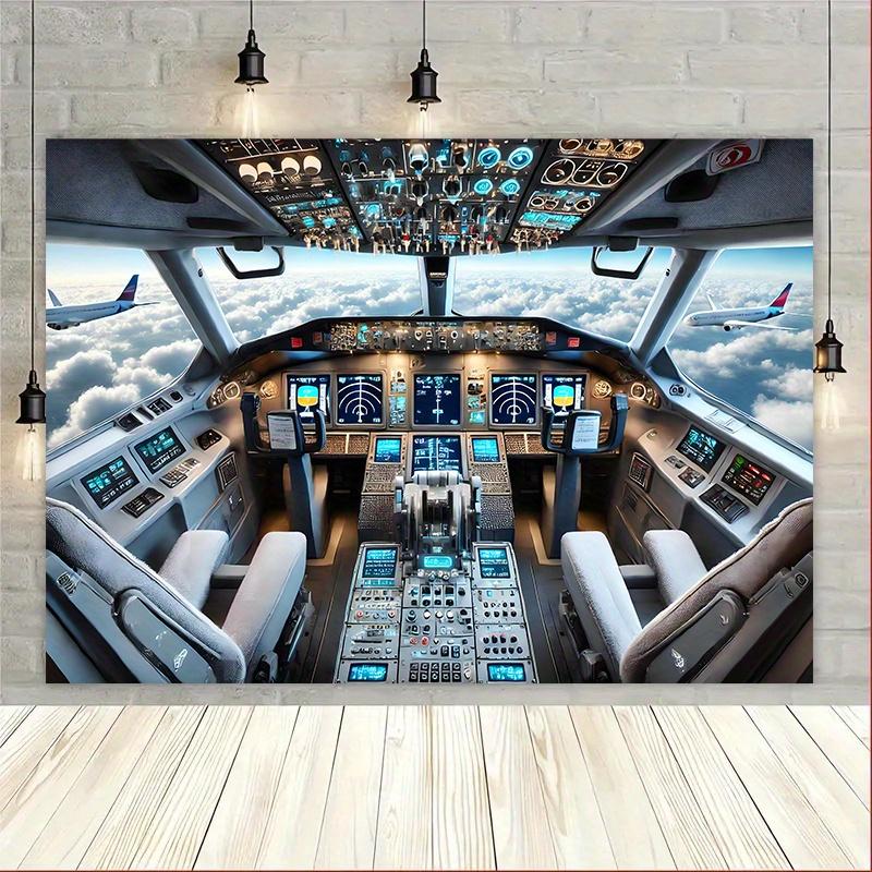 One piece a vibrant background cloth with a detailed view of the interior of a modern commercial aircraft cockpit